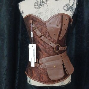 Steampunk Brown Leather-Trim Corset with Utility Pouch - Brand: Unknown